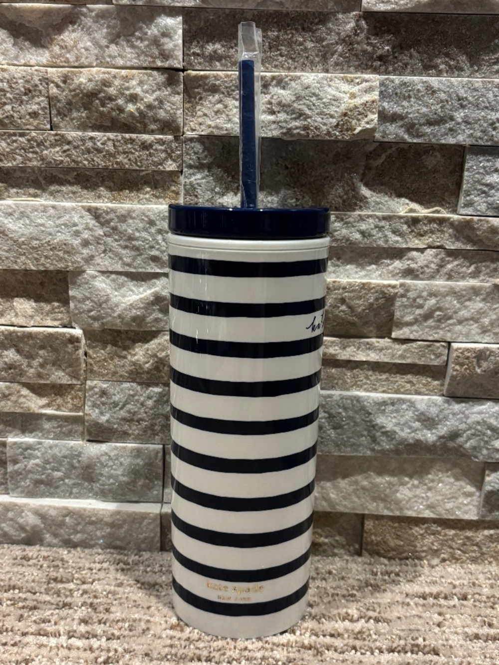 Kate Spade “Navy Painted Stripe” 20 oz Insulated Tumbler With Straw
